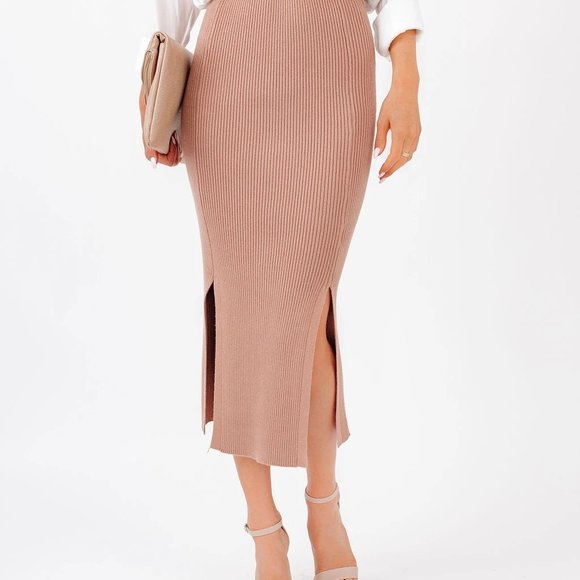 Ribbed Knit Slit Midi Skirt - Picture 2 of 5